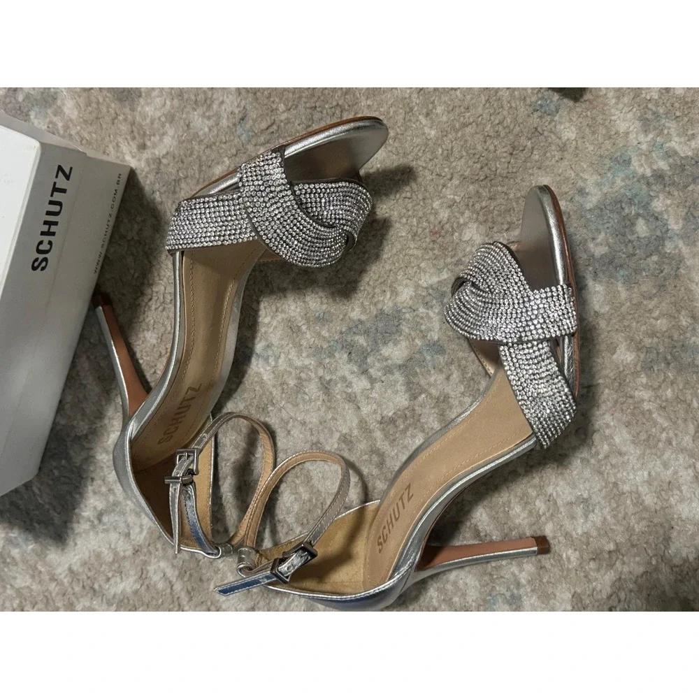 Schutz Jolita Silver Metallic Rhinestone Sz6.5 Knot Ankle Strap Stiletto Sandals